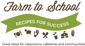Farm to School Recipes for Success - logo with green banner and some icons representing foods